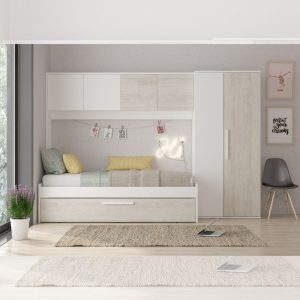Cameretta a ponte 6006 con letto estraibile e armadio colore bianco consumato e bianco reversibile