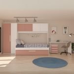 Cameretta a ponte 6007 con letto estraibile e armadio colore bianco e rosa antico reversibile