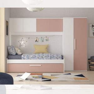Cameretta a ponte 6007 con letto estraibile e armadio colore bianco e rosa antico reversibile