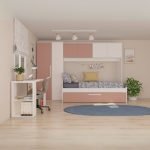 Cameretta a ponte 6007 con letto estraibile e armadio colore bianco e rosa antico reversibile
