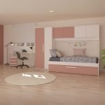 Cameretta a ponte 6007 con letto estraibile e armadio colore bianco e rosa antico reversibile