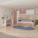Cameretta a ponte 6007 con letto estraibile e armadio colore bianco e rosa antico reversibile