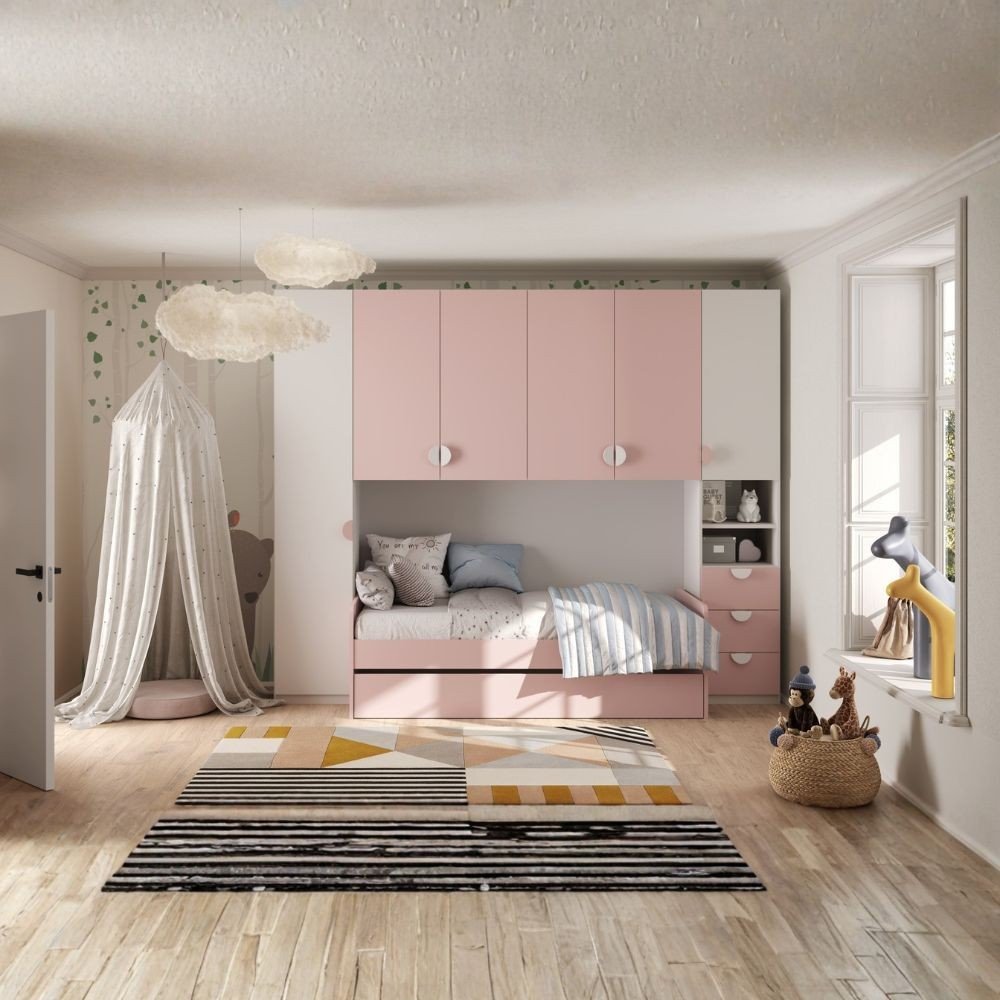 Cameretta a ponte Gilbert bianco opaco e rosa flamingo con letto estraibile