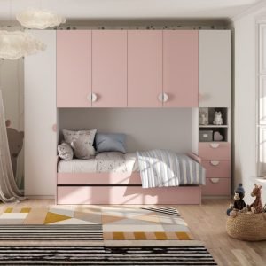 Cameretta a ponte Gilbert bianco opaco e rosa flamingo con letto estraibile