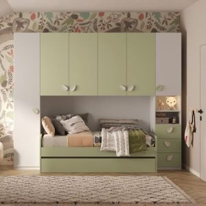 Cameretta a ponte Gilbert bianco opaco e verde pistacchio con letto estraibile