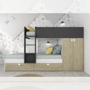 Cameretta con letto a castello con cassettoni e armadio reversibile colore rovere e antracite