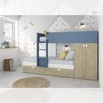 Cameretta con letto a castello con cassettoni e armadio reversibile colore rovere e azzurro