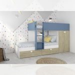 Cameretta con letto a castello con cassettoni e armadio reversibile colore rovere e azzurro