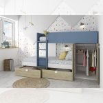 Cameretta con letto a castello con cassettoni e armadio reversibile colore rovere e azzurro
