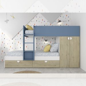 Cameretta con letto a castello con cassettoni e armadio reversibile colore rovere e azzurro
