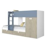 Cameretta con letto a castello con cassettoni e armadio reversibile colore rovere e azzurro