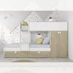 Cameretta con letto a castello con cassettoni e armadio reversibile colore rovere e bianco
