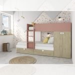 Cameretta con letto a castello con cassettoni e armadio reversibile colore rovere e rosa antico