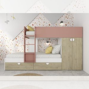 Cameretta con letto a castello con cassettoni e armadio reversibile colore rovere e rosa antico