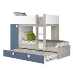 Cameretta con letto a castello e letto estraibile con armadio integrato colore bianco consumato e azzurro reversibile
