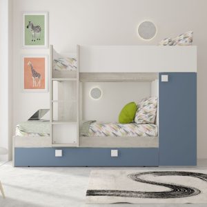 Cameretta con letto a castello e letto estraibile con armadio integrato colore bianco consumato e azzurro reversibile