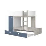 Cameretta con letto a castello e letto estraibile con armadio integrato colore bianco consumato e azzurro reversibile