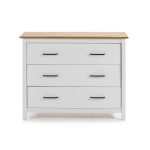 Comò Miranda con 3 cassetti in legno massiccio bianco e top pino