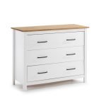 Comò Miranda con 3 cassetti in legno massiccio bianco e top pino