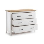 Comò Miranda con 3 cassetti in legno massiccio bianco e top pino