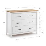 Comò Miranda con 3 cassetti in legno massiccio bianco e top pino