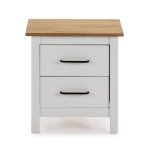 Comodino Miranda 2 cassetti in legno massiccio bianco e top pino