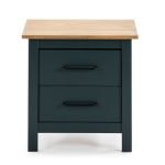 Comodino Miranda 2 cassetti in legno massiccio blu e top pino
