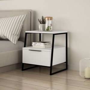 Comodino Pal con struttura bianca e gambe in metallo nero