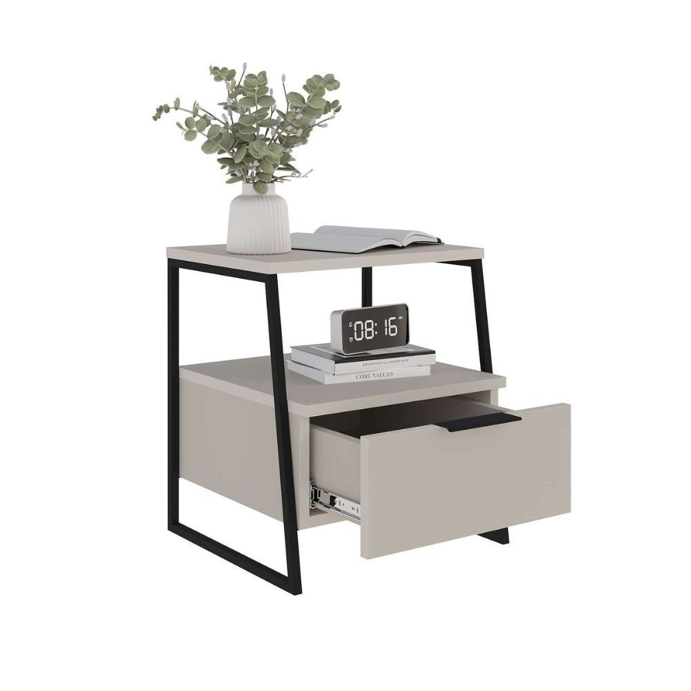 Comodino Pal con struttura cashmere e gambe in metallo nero