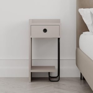 Comodino Sirius con cassetto colore tortora e gamba in metallo nero sinistro