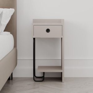 Comodino Sirius con cassetto tortora e gamba in metallo nero destro