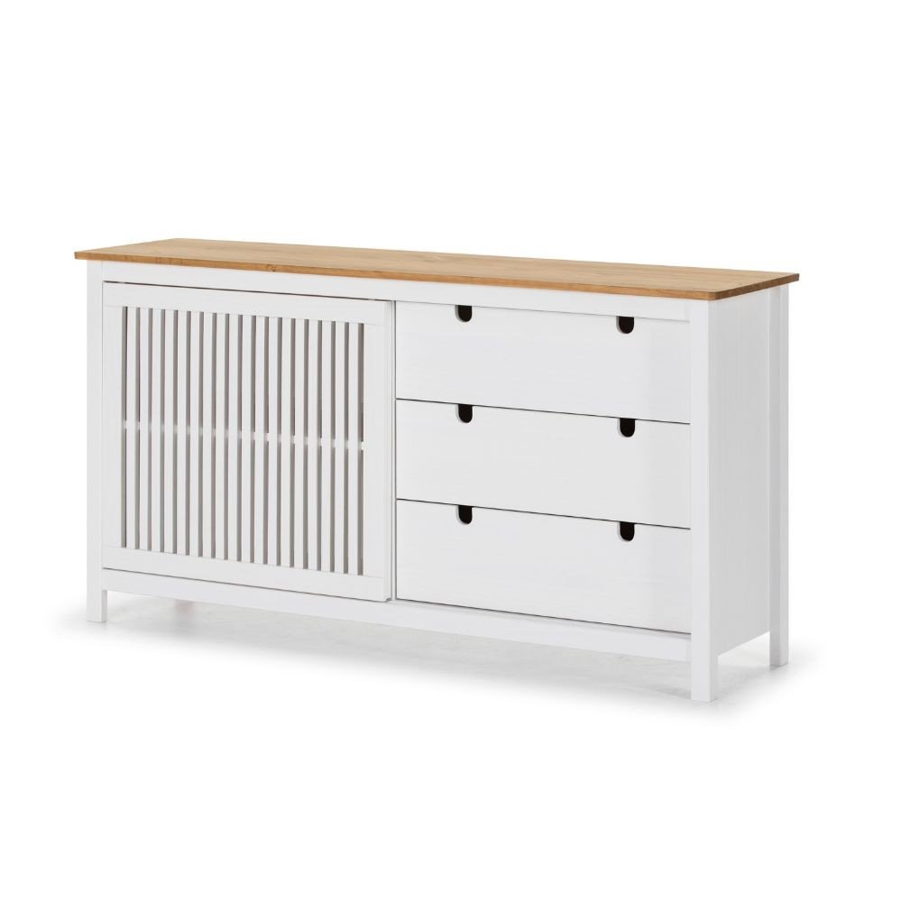 Credenza Bruna con 1 anta scorrevole e 3 cassetti in legno massiccio colore bianco e top pino