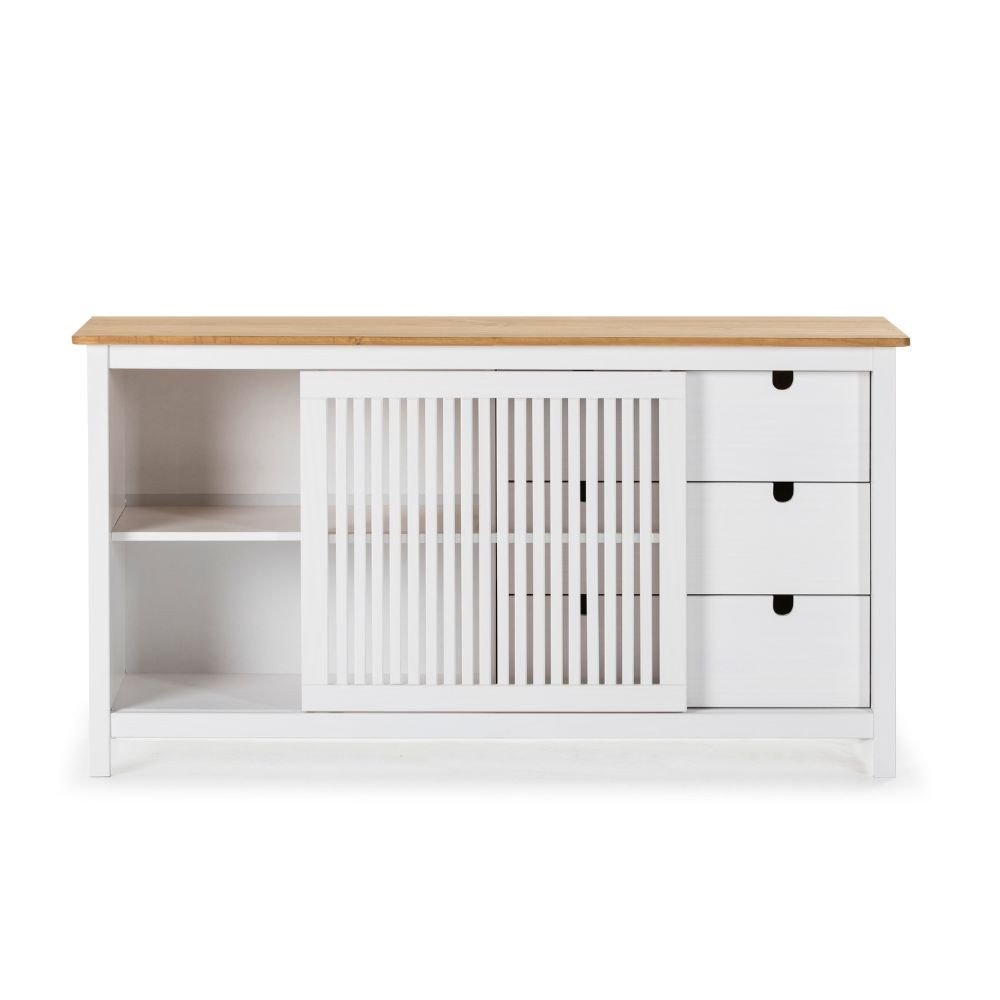 Credenza Bruna con 1 anta scorrevole e 3 cassetti in legno massiccio colore bianco e top pino
