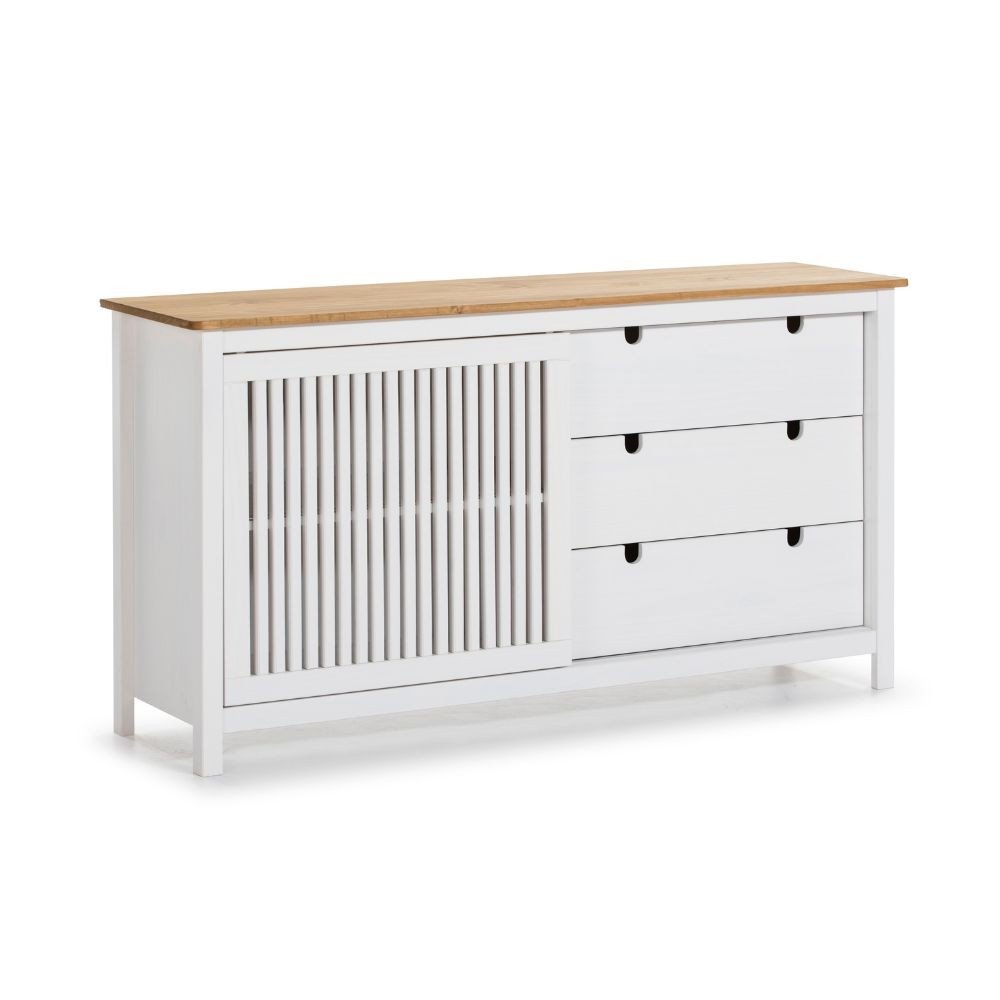 Credenza Bruna con 1 anta scorrevole e 3 cassetti in legno massiccio colore bianco e top pino