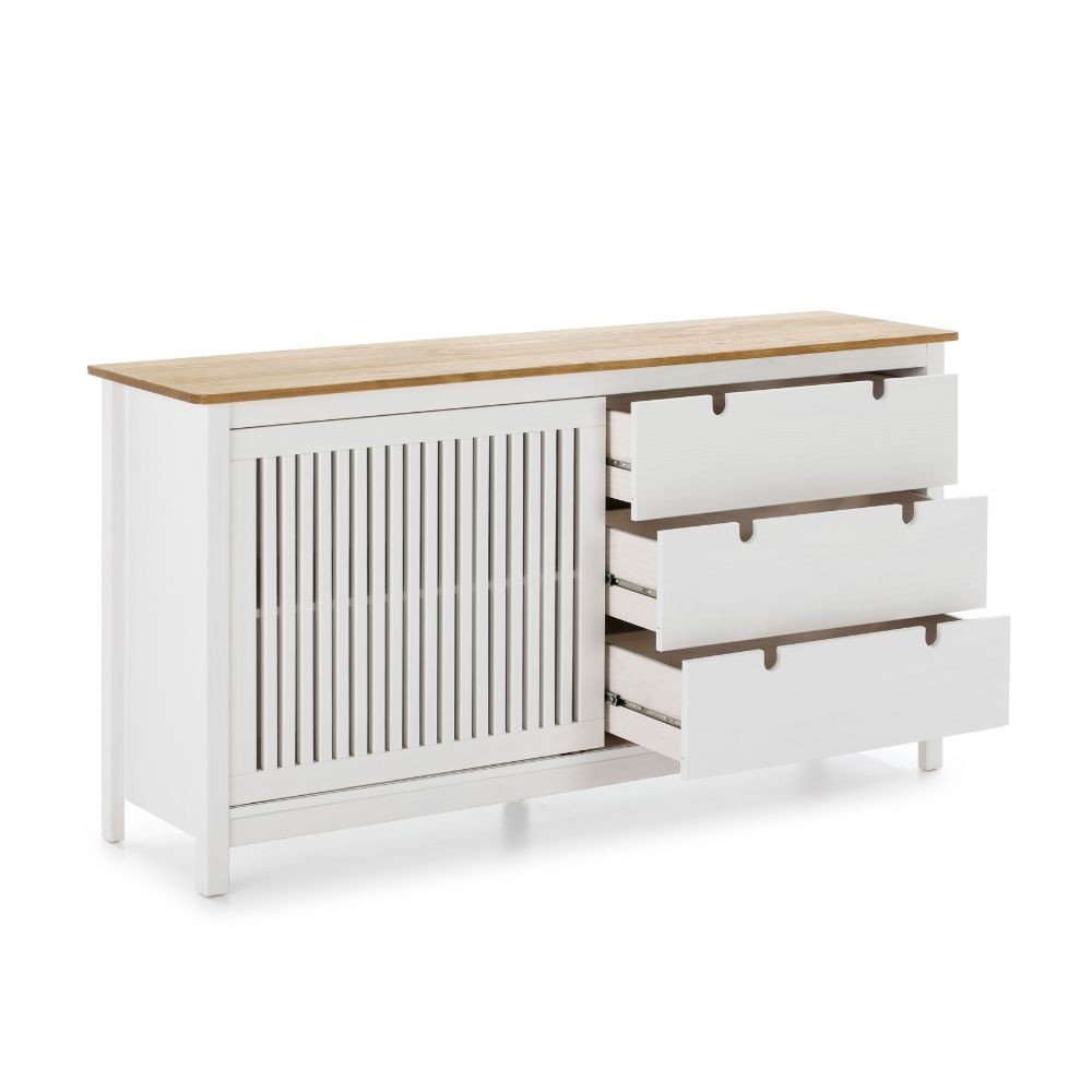 Credenza Bruna con 1 anta scorrevole e 3 cassetti in legno massiccio colore bianco e top pino