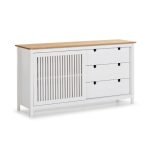 Credenza Bruna con 1 anta scorrevole e 3 cassetti in legno massiccio colore bianco e top pino
