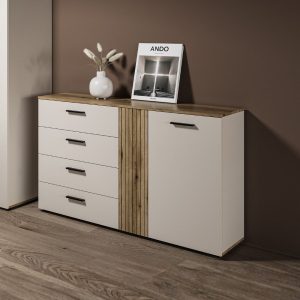 Credenza Frezo02 con 4 cassetti e 2 ante con dettaglio a listelli verticali colore cashmere e rovere evoque