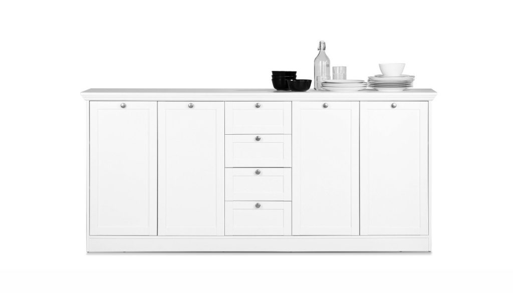 Credenza Landwood 52 con 4 cassetti e 4 ante in bianco opaco