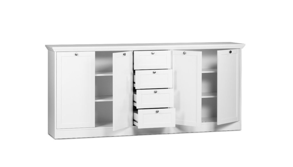 Credenza Landwood 52 con 4 cassetti e 4 ante in bianco opaco