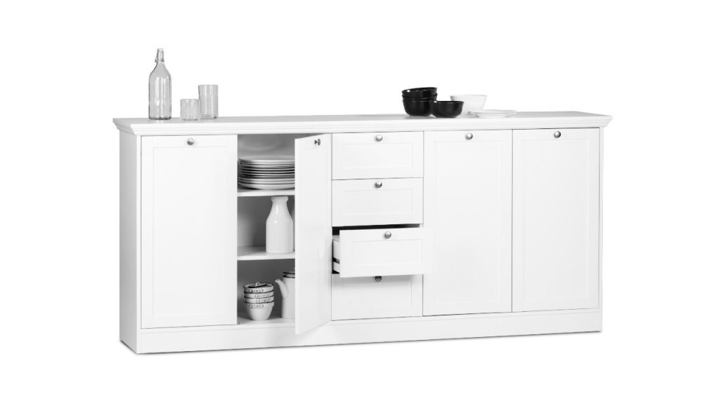 Credenza Landwood 52 con 4 cassetti e 4 ante in bianco opaco