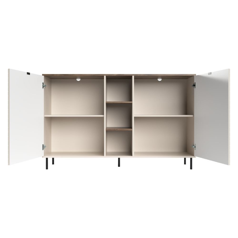 Credenza Mirage08 con 2 ante con motivo geometrico e ripiani a giorno colore cashmere e rovere