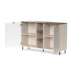 Credenza Mirage08 con 2 ante con motivo geometrico e ripiani a giorno colore cashmere e rovere
