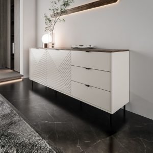 Credenza Mirage09 con 2 ante con motivo geometrico e 3 cassetti colore cashmere e top rovere