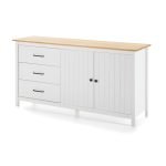Credenza Miranda con 2 ante e 3 cassetti in legno massiccio bianco con top pino