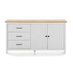 Credenza Miranda con 2 ante e 3 cassetti in legno massiccio bianco con top pino