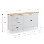Credenza Miranda con 2 ante e 3 cassetti in legno massiccio bianco con top pino