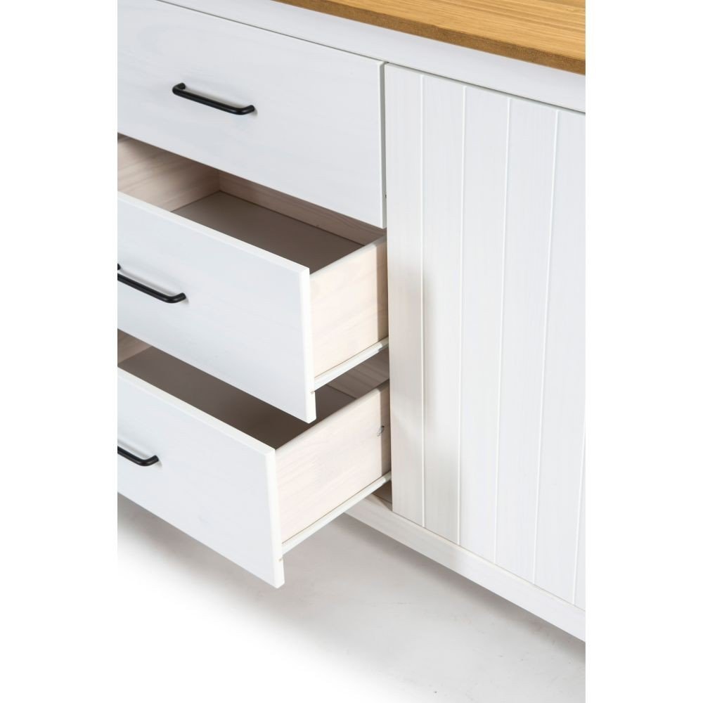 Credenza Miranda con 3 ante e 3 cassetti in legno massiccio bianco con top pino