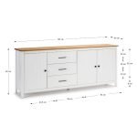 Credenza Miranda con 3 ante e 3 cassetti in legno massiccio bianco con top pino