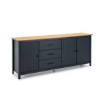 Credenza Miranda con 3 ante e 3 cassetti in legno massiccio blu con top pino