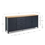 Credenza Miranda con 3 ante e 3 cassetti in legno massiccio blu con top pino